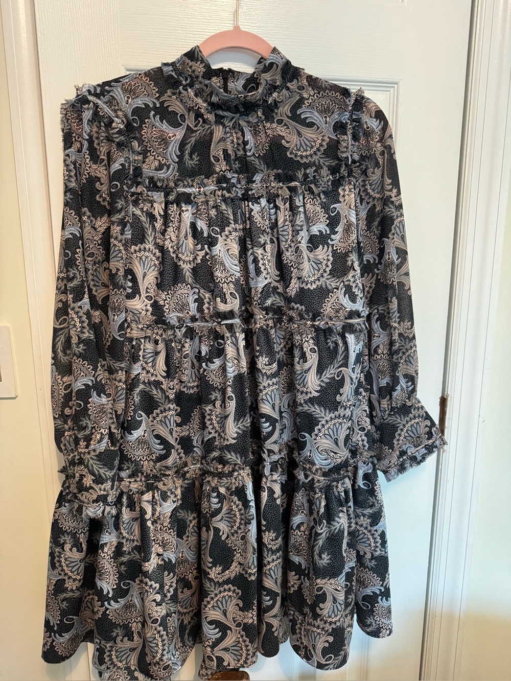 cinq a sept Black and Cream Paisley Long Sleeve Tiered Dress